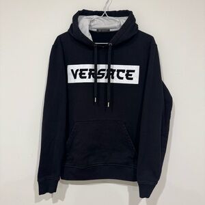 Versace Mens Box Logo Spellout Pullover Hoodie Black White Size S